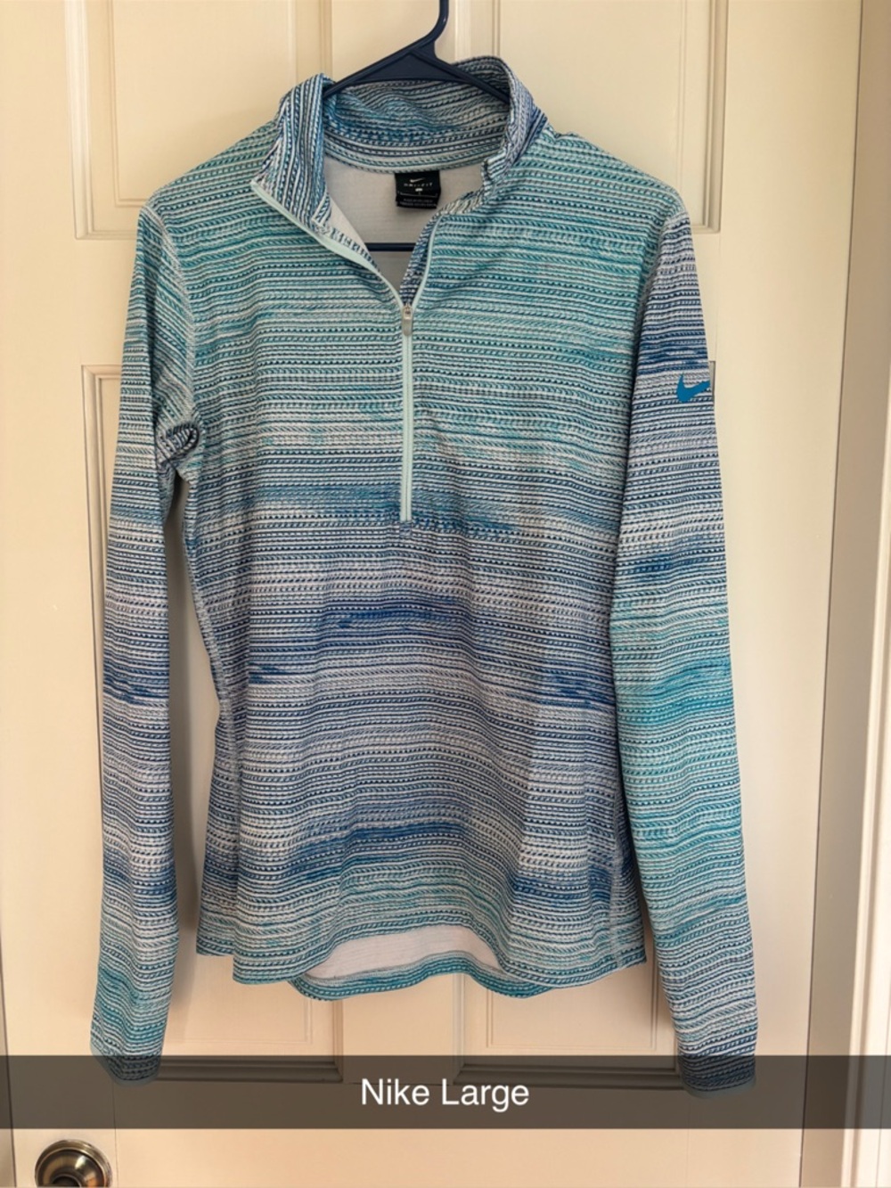 Nike Women's Teal and Blue Striped Quarter-Zip Pullover